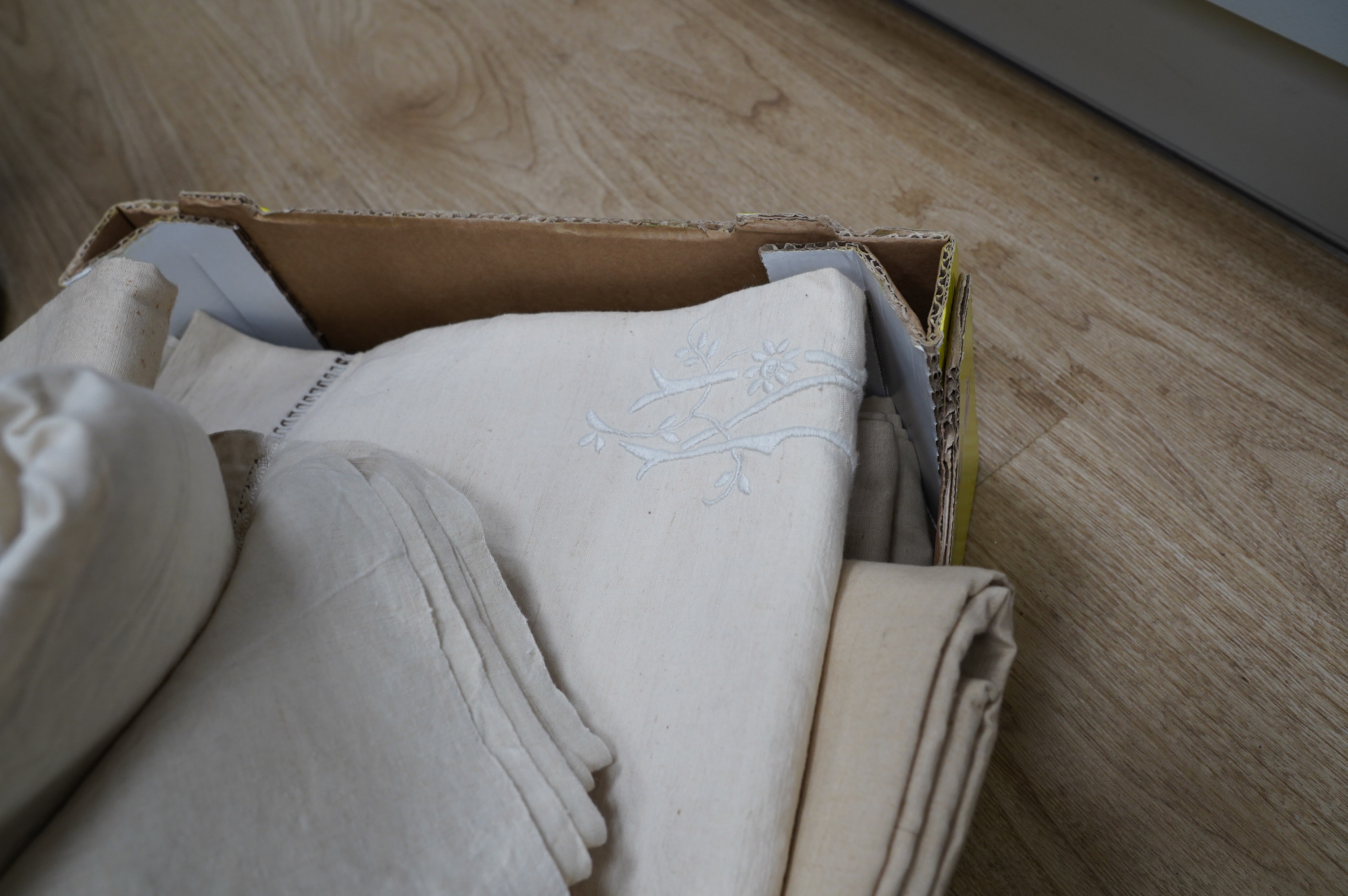 Six French provincial linen sheets with embroidered turn backs. Condition - good